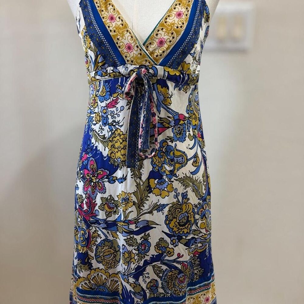 Hale Bob 100% Silk Dress XS Blue Floral Paisley Boho Resort Y2K